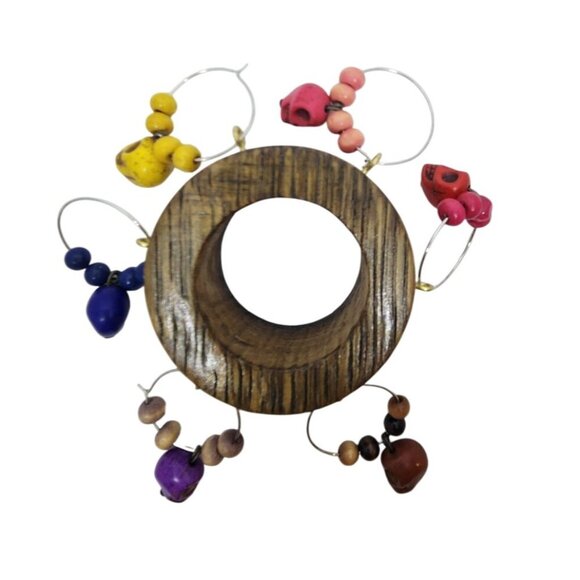 Skull Colorful Wine Glass Charms Set - 6 Themed Unique Charms With Beads & Wood - Picture 11 of 13